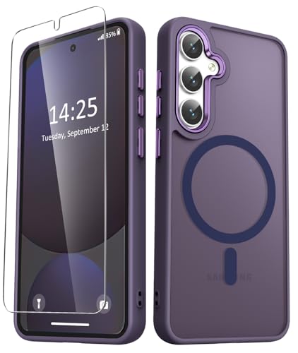Image of for Samsung Galaxy S25+ Plus Case, Matte Magnetic Phone Case with 1 Screen Protector, Support for Magsafe, Translucent Frosted Shockproof Protective Cover for Samsung Galaxy S25+ Plus, Purple