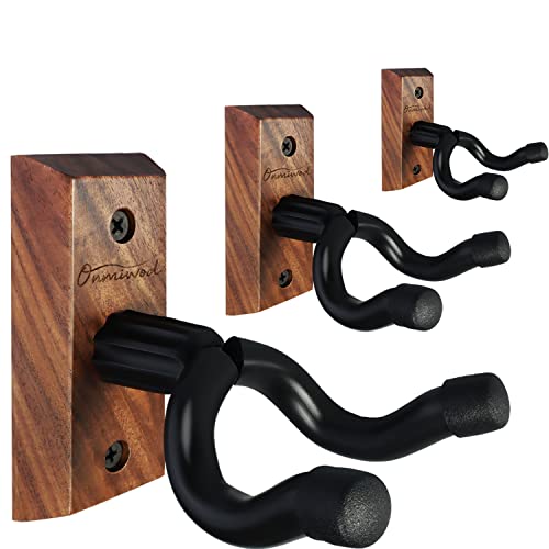 Onmiwod Guitar Wall Mount 3 Pack, Black Walnut Wood Guitar Hanger, U-Shaped Guitar Wall Hanger Mount, Guitar Holder Hook Stand Wall for Acoustic, Electric Guitar, Banjo, Bass, Gift for Guitar Player