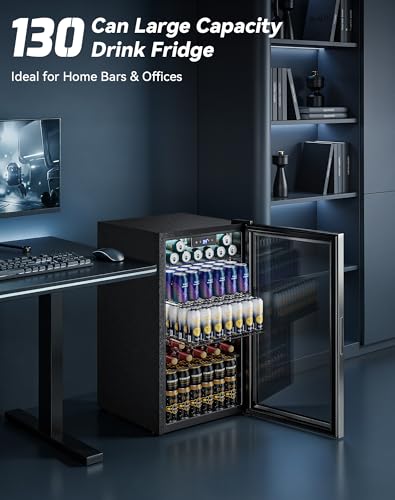 Image of Tehanld 130 Can Beverage Refrigerator, 3.1 Cu.ft Mini Fridge with Glass Door for Drink, Beer, LED Light, 34-64℉, Adjustable Removable Shelves, Beverage Fridge for Bedroom, Office, Bar-Silver