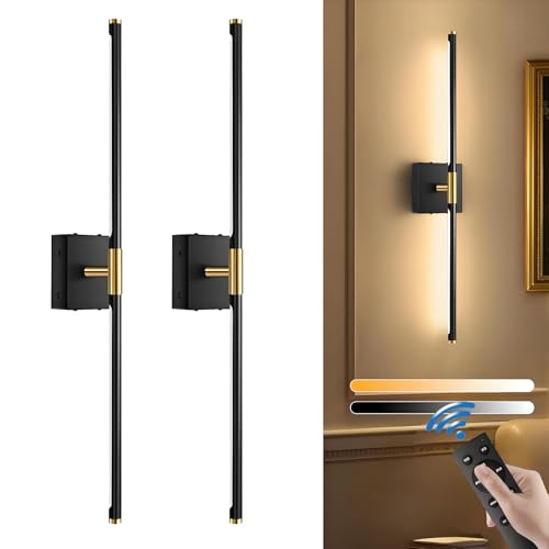 CyperEver Battery Operated Wall Sconces with Remote Control,Wall Sconces Set of 2,3000K-6000K LED Wireless Wall Light for Bedroom, Hallway, Wall, 360°Rotate,28.3 Inch, 2 Pack (Square Base Black)