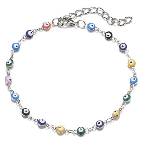 JIAOGE Muti-Color Evil Eye Bracelets Adjustable Charm Lobster Clasp Bracelets for Women Girls Protection Link Chain (Silver)