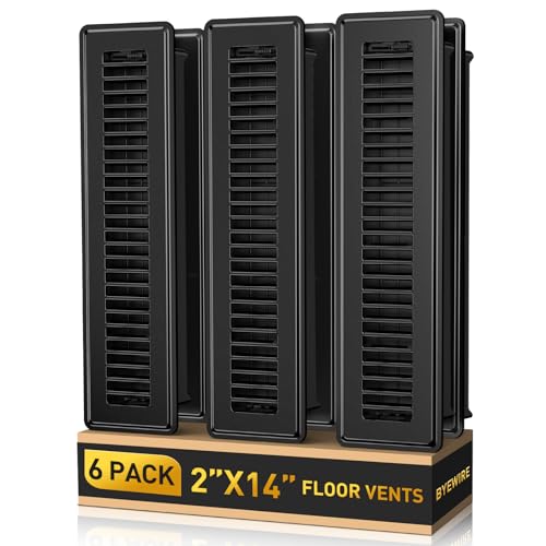 BYEWIRE 2x14 Floor Register 6-Pack Heavy Duty Steel Floor Vent Covers Adjustable Quiet Airflow Vent Grill Rust-Proof Black Finish 2 inch by 10 Inch HVAC Vents for Floor/Sidewall