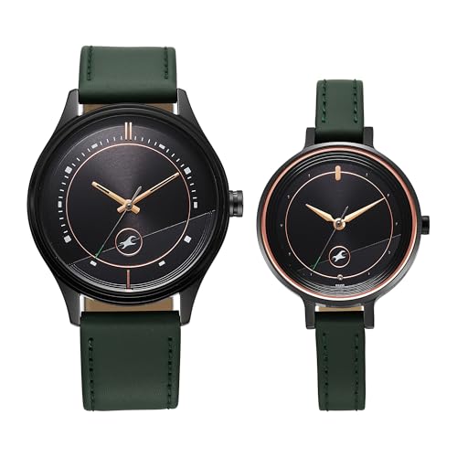 Image of Fastrack Mixmatched Quartz Analog Black Dial Green Leather Strap Watch for Couple