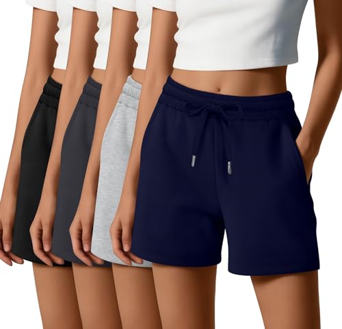 4 Pack Women's Sweat Shorts Casual Summer High Waisted Drawstring Athletic Comfy Shorts with Pockets Lightweight