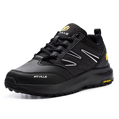 Fitville Mens Wide Hiking Shoes Waterproof Outdoor Work Shoes Trekking Trails Sneakers With Arch Support For Heel Pain Relief - Sturdy Core(Black, 8 X-Wide) #TOP1