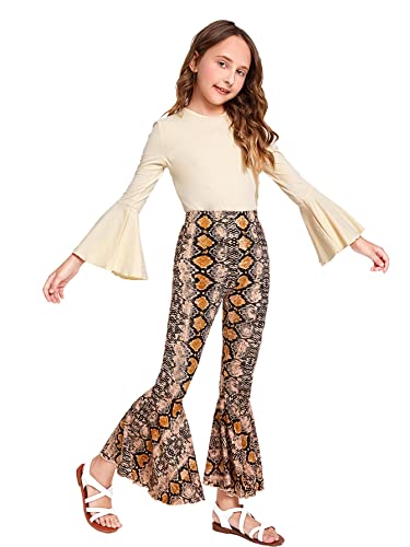 Image of WDIRARA Girl's 2 Piece Flounce Sleeve Top and Leopard Print Bell Leg Bottom Pants Set Multicolored 11-12Y