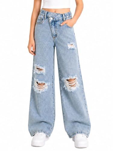 Ecolala Girls Ripped Jeans Cross Waist Distressed Wide Leg Denim Pants Baggy Trouser Blue 11-12 Years
