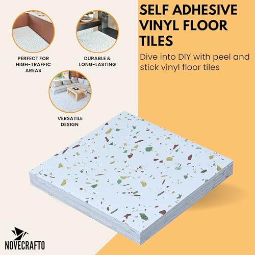 Vinyl Floor Tiles Self Adhesive - 10 Pack To Cover 22.50 sqft (2.09 sqm) - Vinyl Flooring Tile Size 18x18 in (45.7 x 45.7cm) - Large Square Peel and Stick Floor Tiles White Grey Terrazzo Effect