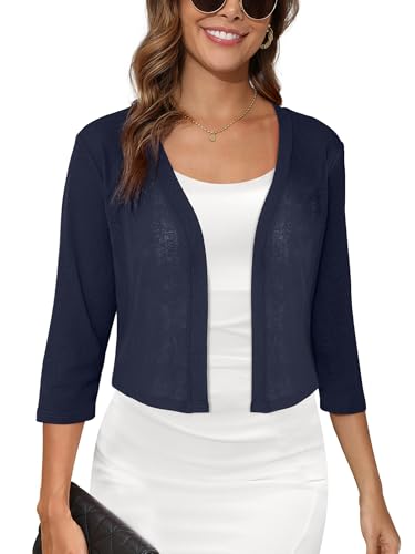 Image of Women's 3 /4 Sleeve Thin Shrugs Lightweight Open Front Cropped Sheer Cardigans for Summer