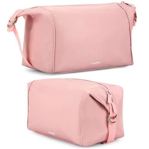KAZAY Expandable Toiletry Bag with Side Clips for Adjustable Sizing, Premium High-Density Nylon, Open Wide Zipper, Stylish, Water Resistant, Cosmetic Bag, Makeup Bag, Full-Size Bottles, Unisex (Pink)