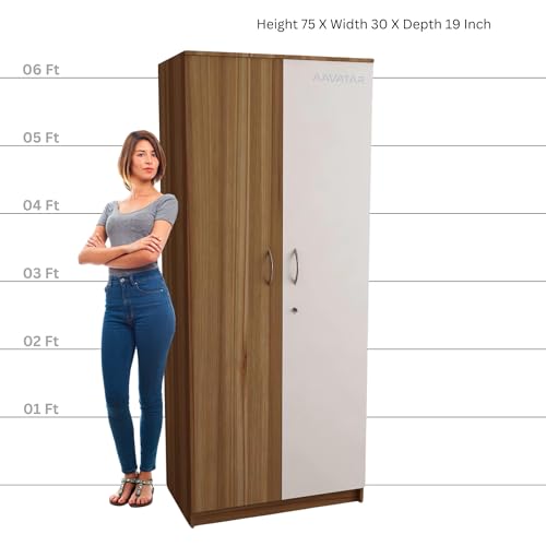 Image of AAVATAR 2 Door Wood Wardrobe with Shelves and Hanging Space for Bedroom, Engineered Wood Cabinet for Clothes, White, 75 x 30 x 19 Inch
