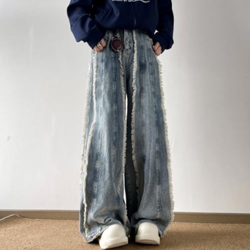 HZCX FASHION Mens Y2k Streetwear Baggy Hip Hop Jeans Wide Leg Skater Denim Pants Raw Tassel Trousers Ripped Palazzo Pants2