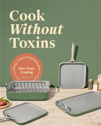 Image of Caraway Square Cookware Set - Square Pans Set - Perfect for Griddling, Toasting, Searing, Roasting, and More - Non-Stick Ceramic Coated Pans - Non Toxic, PTFE & PFOA Free - Sage