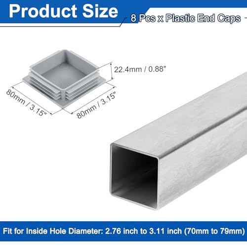 Image of uxcell 3 1 /8 inch (80mm) Square Tubing End Caps, 8 Pcs Plastic Hole Plugs Insert End Cap for Metal Tubing Post Chair Leg Table Bookshelves Furniture, Grey