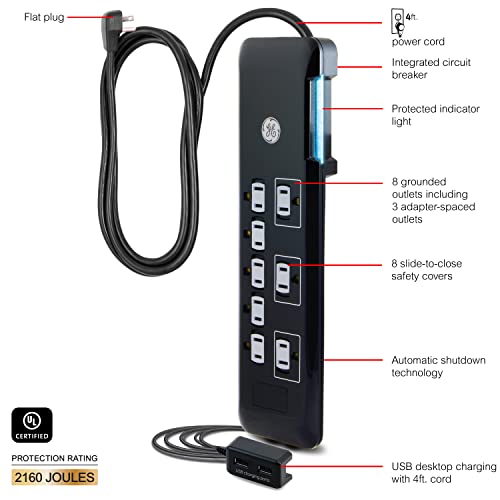 Ge Ultrapro 8 Outlet Surge Protector, Tethered 2 Usb Ports, 4 Ft Power Cord, 2169 Joules, Flat Plug, Power Filter, Circuit Breaker, Warranty, Black, 34117 #TOP1