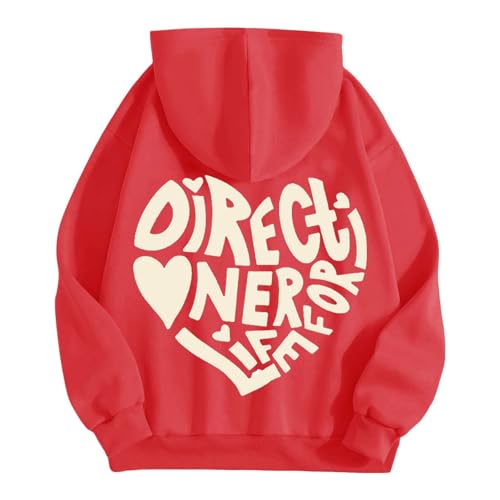 Moletom feminino com capuz fofo gráfico grande, leve, com cordão, solto, casual, pulôver, vermelho,