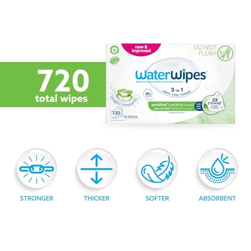 Image of WaterWipes Hydrating Clean Baby Wipes, 99% Water-Based Formula with Aloe Vera to Hydrate & Clean Skin, Unscented & Hypoallergenic, 12 Resealable Packs (720 Wipes)