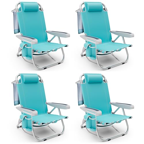 Image of Tangkula Set of 4 Backpack Beach Chair, 5-Position Lightweight Folding Lay Flat Beach Chairs with Storage Bag, 2 Cup Holders, Towel Bar, Backpack Straps