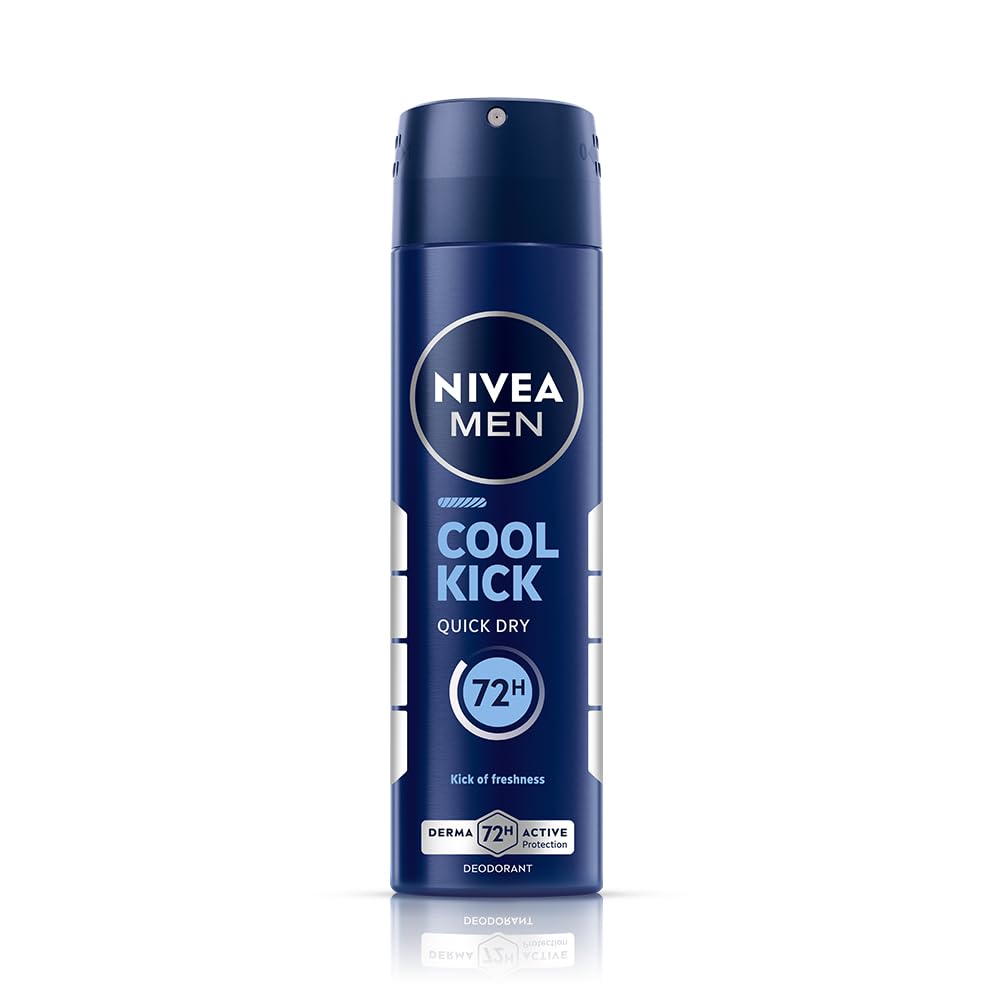 NIVEA MEN Cool Kick 150ml Deodorant | With Mint Extracts for Cooling sensation in Summer| 48 H Long Lasting Freshness| 0% Alcohol
