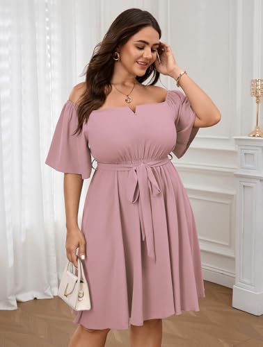 Image of SCOMCHIC Womens Plus Size Cocktail Dress Summer Off Shoulder Short Sleeve Flowy Ruffle A-Line Cute Mini Dress with Belt