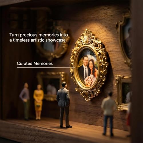 DIY Mini Museum Silhouette Box, Mini Museum Bilderrahmen Vintage, Mini Figuren Menschen Museum, Kreatives Erinnerungsdisplay Kit mit Mini Figuren Gold Rahmen Für Jahrestag Oder Hochzeit