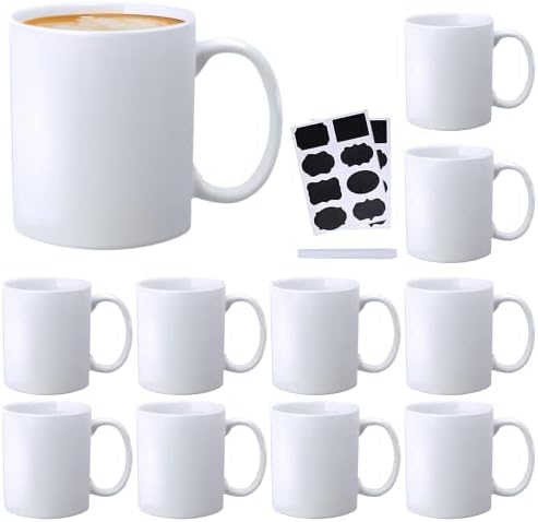 Ceramic Coffee Mug,White Tea Mug ,Classic Drinking Cups with Handle,11 OZ Cups Set of 12, for Hot or Cold Drinks like Cocoa, Milk, Tea or Water(Labels & Chalk Marker)