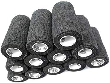 WildCow 4" Black Vet Wrap Tape Bulk, 12 Pack Cohesive Bandage Wrap, Self Adherent Grip Rolls