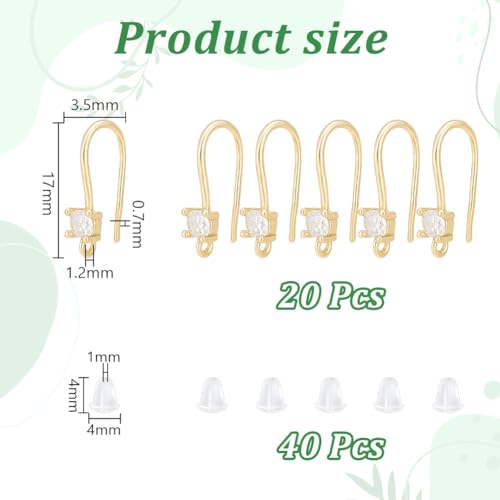 UNICRAFTALE 20Pcs Real 18K Gold Plated Brass Micro Pave Clear Cubic Zirconia Earring Hooks French Earring Hook with Loop And 40Pcs Plastic Ear Nuts 17mm Long Hole 1.2mm for DIY Jewelry Making Findings - Image 3