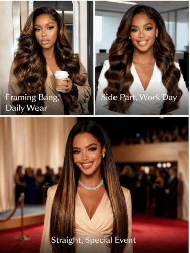 Image of Sunber Balayage Brown Body Wave Wig Human Hair 180% Density Highlight 13x4 HD Lace Front Glueless Wig Pre Cut Lace Pre Plucked Bleached Knots Invisi Drawstring Wear and Go Loose Wave Wigs 18inch