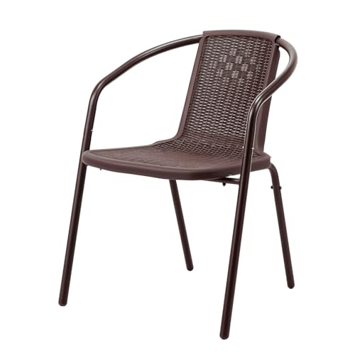 VINGLI Rattan Outdoor Dining Chairs Set of 1, Durable PE Plastic Stackable Patio Chairs with Comfortable Curved Back and Armrests for Indoor, Porch, Restaurant, Garden, Brown