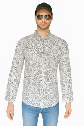 Image of Men's Printed Cotton Blend Full Sleeve Straight Kurta Regular Fit Short Kurta Shirt for Men