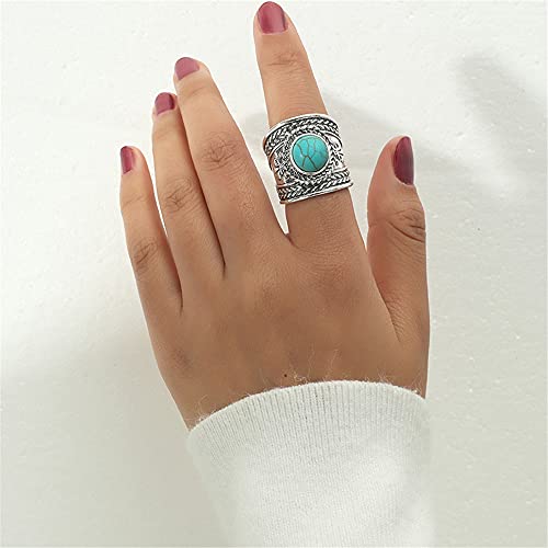 Dtja Vintage Boho Turquoise Wide Statement Ring for Women Girls Oxidized Silver Plated Big Open Band Wrap Adjustable Expandable Finger Rings Comfort Fit Fashion Bohemian Ethnic Exaggerated Jewelry3