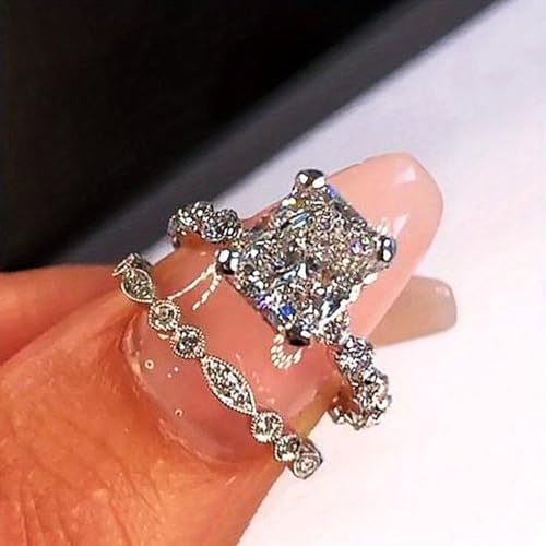 2pcs/set White Golden Plated Copper with Elegant Square Cubic Zirconia Engagement Ring Set Wedding Bridal Band Promise Rings Evening Parties Anniversary Valentine's Day Gifts Eternity Bands for Women