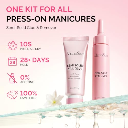 Image of MelodySusie 15ml Super Strong Nail Glue with 20ml Nail Glue Remover, Quick Dry Semi Solid Glue No UV Lamp Needed and Non-Acetone Gentle Remover Kit, Perfect for Press On Nails Application and Removal