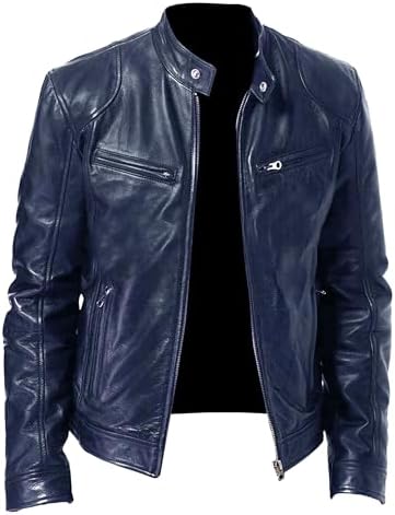 Mens Stand Collar Leather Jacket Casual Biker Motorcycle PU Jackets Slim Fit Motorcyle Lightweight Coat