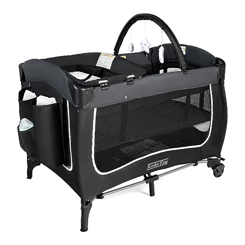 Image of Kinder King 3 in 1 Portable Baby Playard, Foldable Pack n Play, Nursery Center for Infant & Toddler, Removable Mattress, Newborn Changing Table, Travel Bag, Toy Bar, Storage Basket, Black