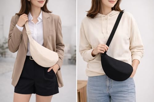 Lightweight Nylon Crescent Crossbody Bag for Women, Half Moon Shoulder Purse with Adjustable 110cm Strap, 3 Pockets, Casual Everyday Travel Bag (Beige)