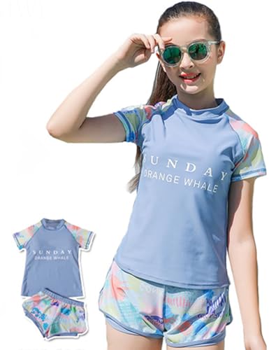 Image of Girls Short Sleeve Rash Guard Sets Swimsuits Two-Piece Beach Swimwear Quick Dry Bathing Suits UPF 50+ 8-16 Years