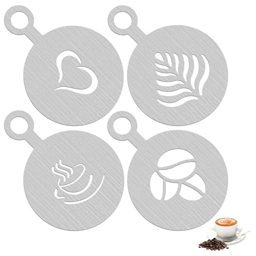 Hadnves 4 Pcs Latte Art Coffee Stencils Stainless Steel Reusable Various Patterns Metal Coffee Stencils or Cappuccino Lattes Cake Cookie Cupcake Sourdough Decorating Coffees Shop and Home Use