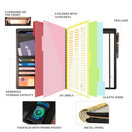 Image of Ospelelf Clipboard with Storage for Men Women, Leather Padfolio Portfolio Organizer 5 Folders with 10 Pockets, Spiral Clipboard Folio with Notepad for Letter Size, Elastic Closure and Pen Loop Black