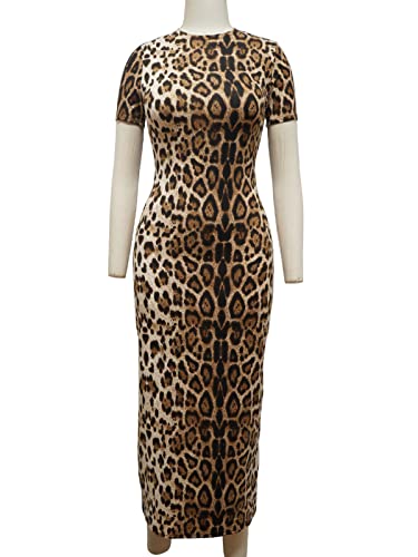 Image of Women's Long Bodycon Dresses Leopard Print Casual Maxi Club Party Tight Dress Short Sleeve