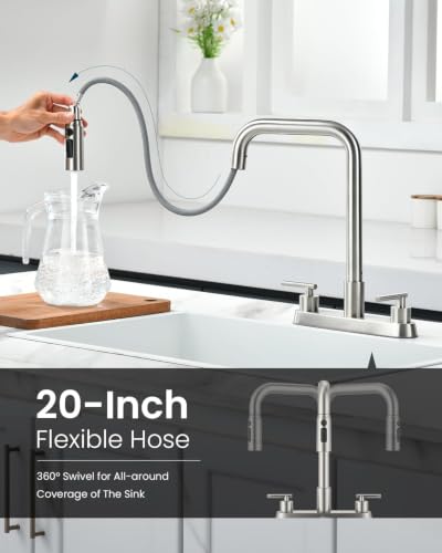 Image of APPASO 4 Hole Kitchen Faucet Brushed Nickel for 3 or 4 Hole Standard Sinks | 2 Handle Kitchen Faucets with 3-Mode Pull Down Sprayer and Soap Dispenser, Square Spout Dual Handle Faucet Stainless Steel