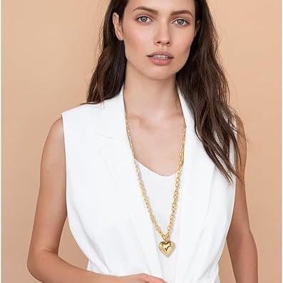 Double Layer Chunky Heart Necklace Gold Heart Statement Necklace Pendant Puffy Sliver Hearts Choker Necklace Long Gold Necklaces for Women Chunky Jewelry - Image 5