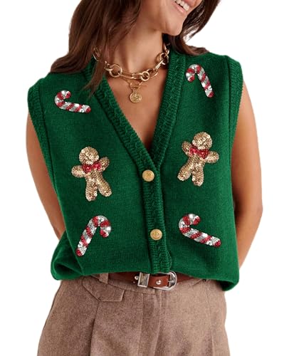 Image of Women Christmas Sweater Vests Santa Claus Print Sleeveless Knit Cardigan Vest Christmas Holiday Tank Top