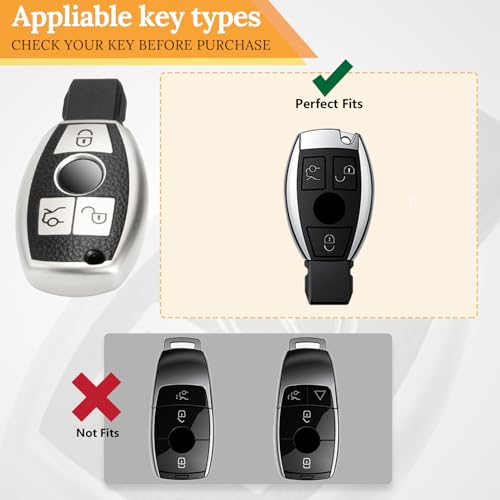Image of Key Fob Cover for Mercedes Benz, Leather-Style Tab Cover, Silver | Wear-resistant TPU shell, PU leather-style tab, daily splash, scratch and drop protection, normal signal use, easy setup