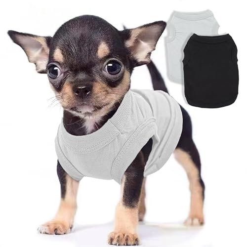 2-Pack Dog Shirts Summer Dog Clothes for Small Medium Dogs Boy, Teacup, Chihuahua, Yorkie, Pug and Cats, Solid Color Pet Tshirts Puppy Clothes, XXS, Black+ Grey