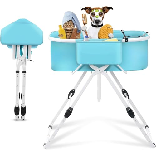 Kwueiit 犬 バスタブ ペット用バスタブ ペット用バスタブ、バスタブ、昇降可能、調節可能、折りたたみ式ドッグバス、プール入浴ラック (ブルー)