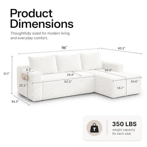 Image of 96 inch Boneless Couch, Modular L-Shaped Cloud Sectional Sofa, White
