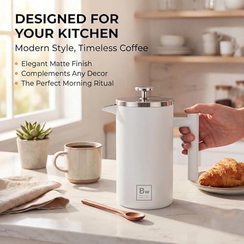 Image of Barista Warrior French Press Coffee Maker - Double-Wall Stainless Steel Insulated French Press with Built-In Thermometer, Dual Filters Coffee Maker with Wooden Spoon - White