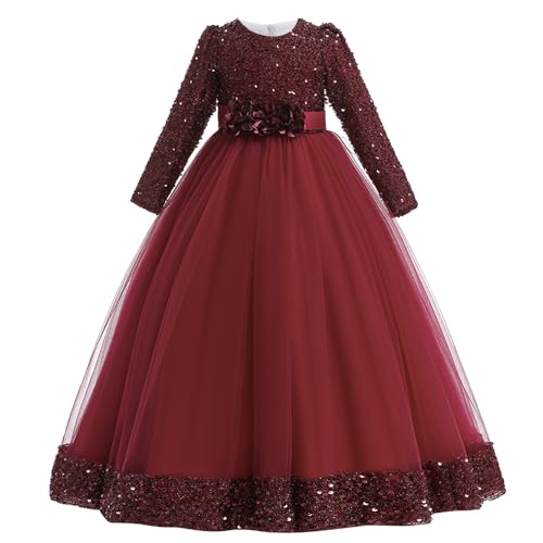 Cichic Girls Party Dress Sparkly Sequin Tulle Long Dresses for Christmas Birthday Party Wedding Pageant Evening Red 5-6 Years